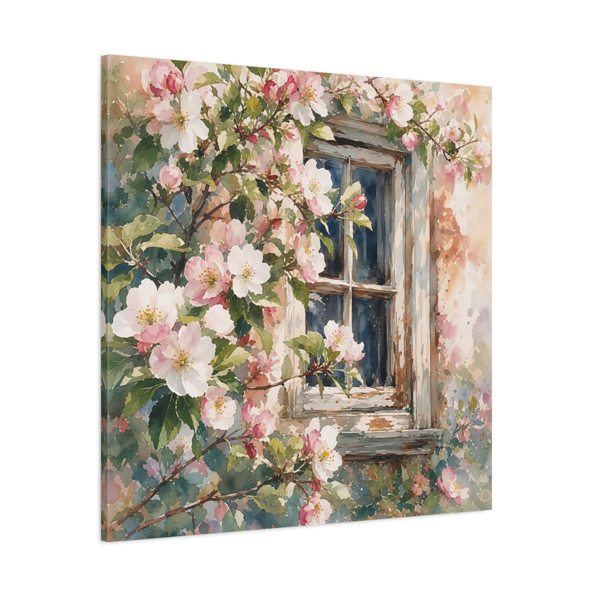 Side Mockup 1. Floral Cherry Blossoms Pink Floral Window shown as stretched canvas wall art