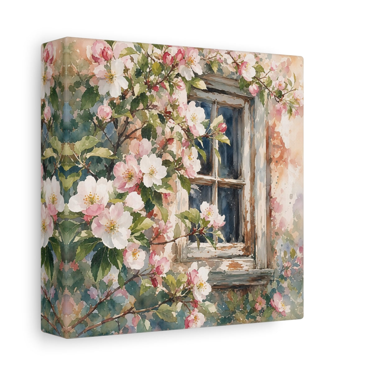 Side Mockup 2. Floral Cherry Blossoms Pink Floral Window shown as stretched canvas wall art