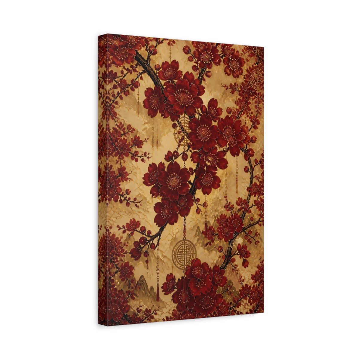 Side Mockup 4. Floral Cherry Blossoms Red And Gold shown as stretched canvas wall art