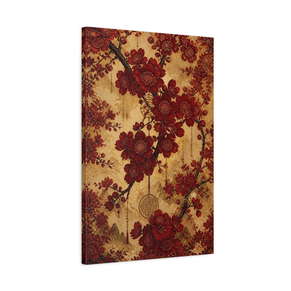 Side Mockup 2. Floral Cherry Blossoms Red And Gold shown as stretched canvas wall art