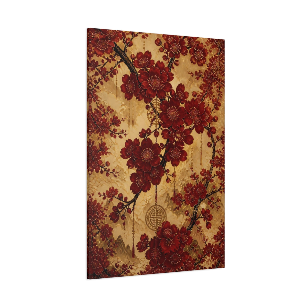 Side Mockup 1. Floral Cherry Blossoms Red And Gold shown as stretched canvas wall art