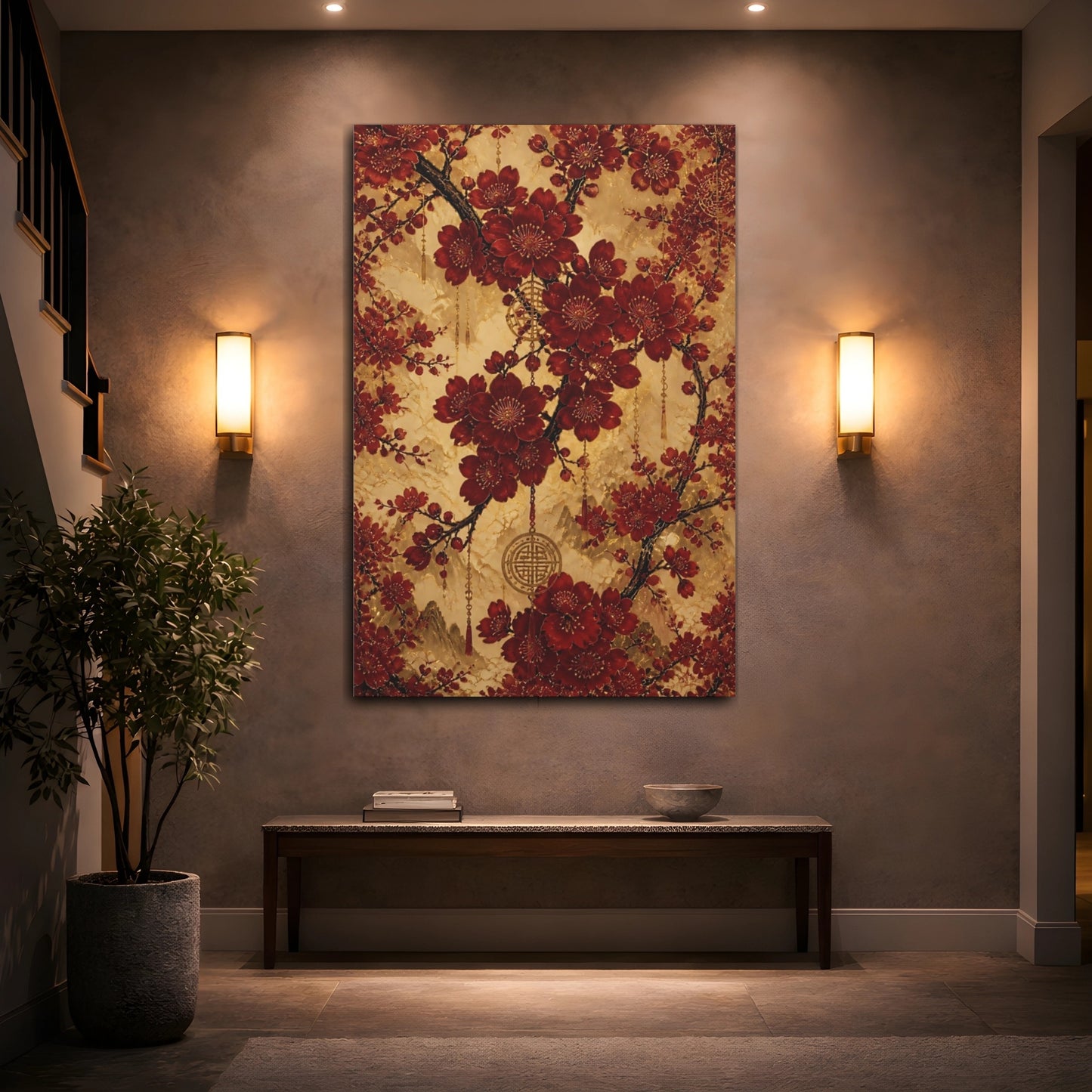 Mockup 2. Floral Cherry Blossoms Red And Gold shown as stretched canvas wall art