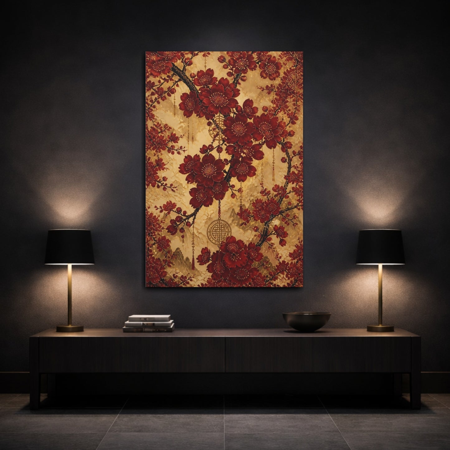 Mockup 3. Floral Cherry Blossoms Red And Gold shown as stretched canvas wall art