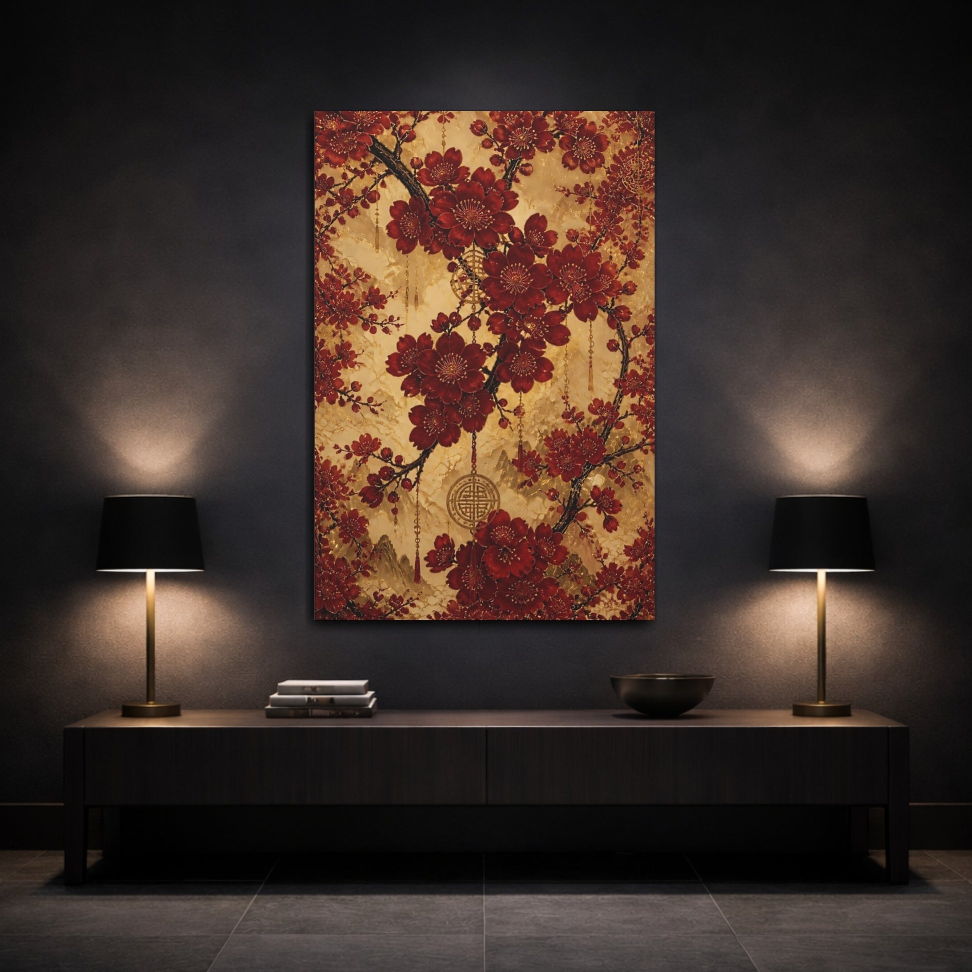 Mockup 3. Floral Cherry Blossoms Red And Gold shown as stretched canvas wall art