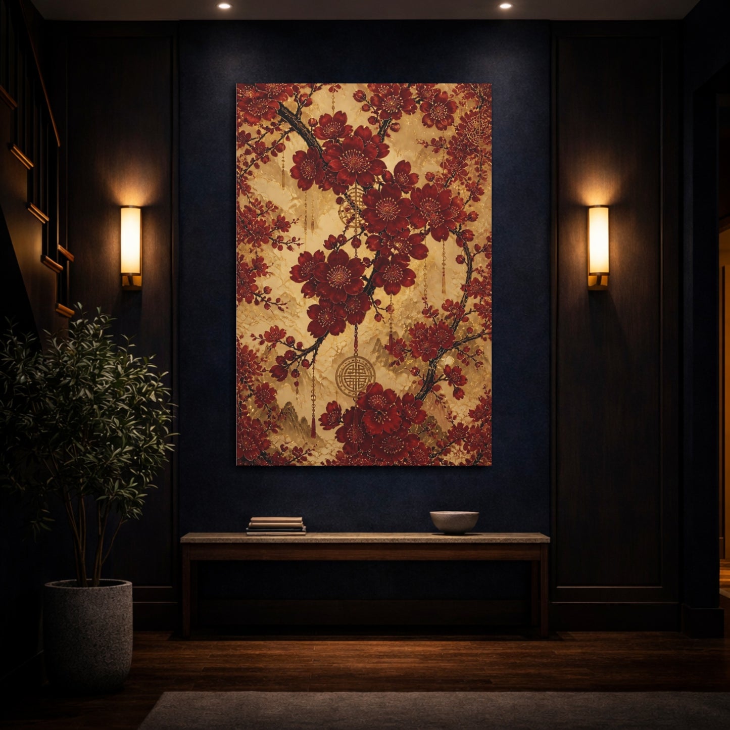 Mockup 4. Floral Cherry Blossoms Red And Gold shown as stretched canvas wall art