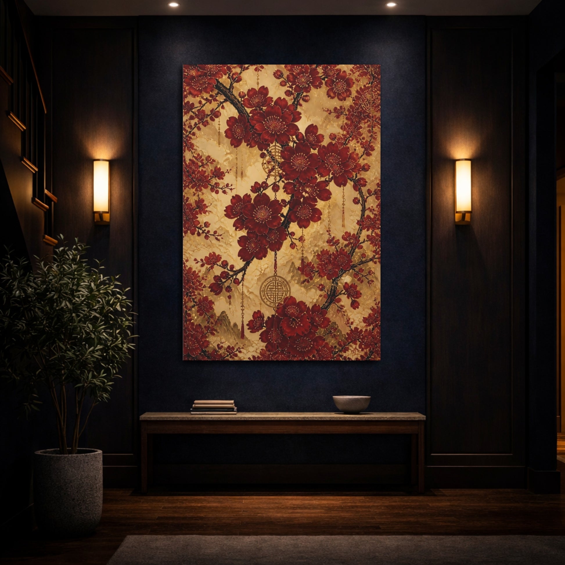 Mockup 4. Floral Cherry Blossoms Red And Gold shown as stretched canvas wall art