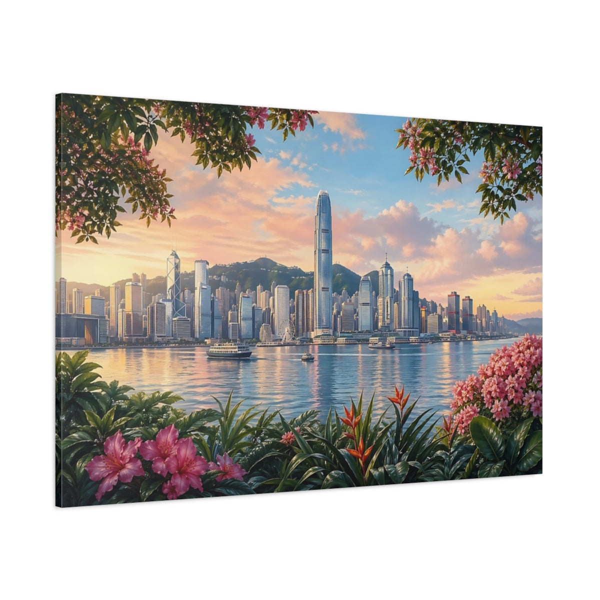 Side Mockup 1. Floral City Skyline Pink And Blue shown as stretched canvas wall art