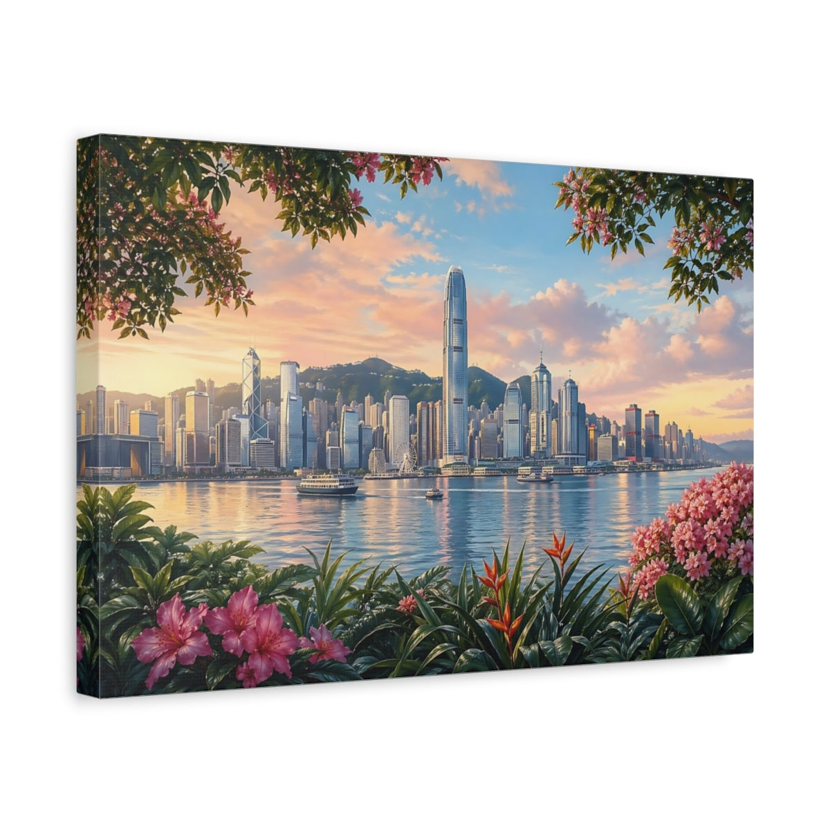 Side Mockup 4. Floral City Skyline Pink And Blue shown as stretched canvas wall art