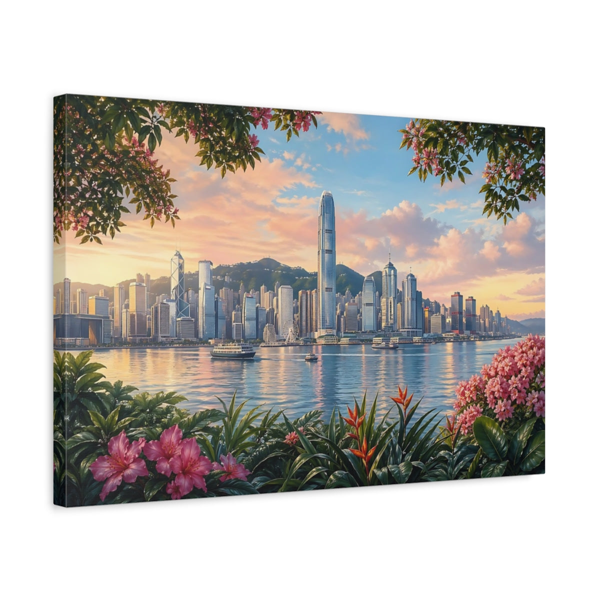Side Mockup 3. Floral City Skyline Pink And Blue shown as stretched canvas wall art