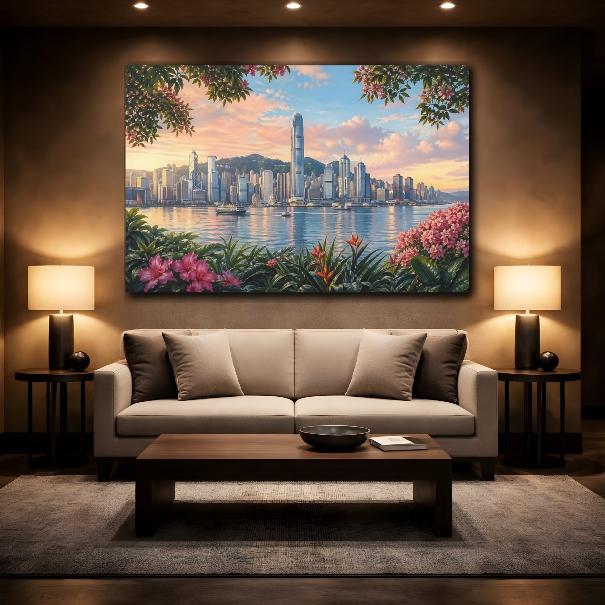 Mockup 2. Floral City Skyline Pink And Blue shown as stretched canvas wall art