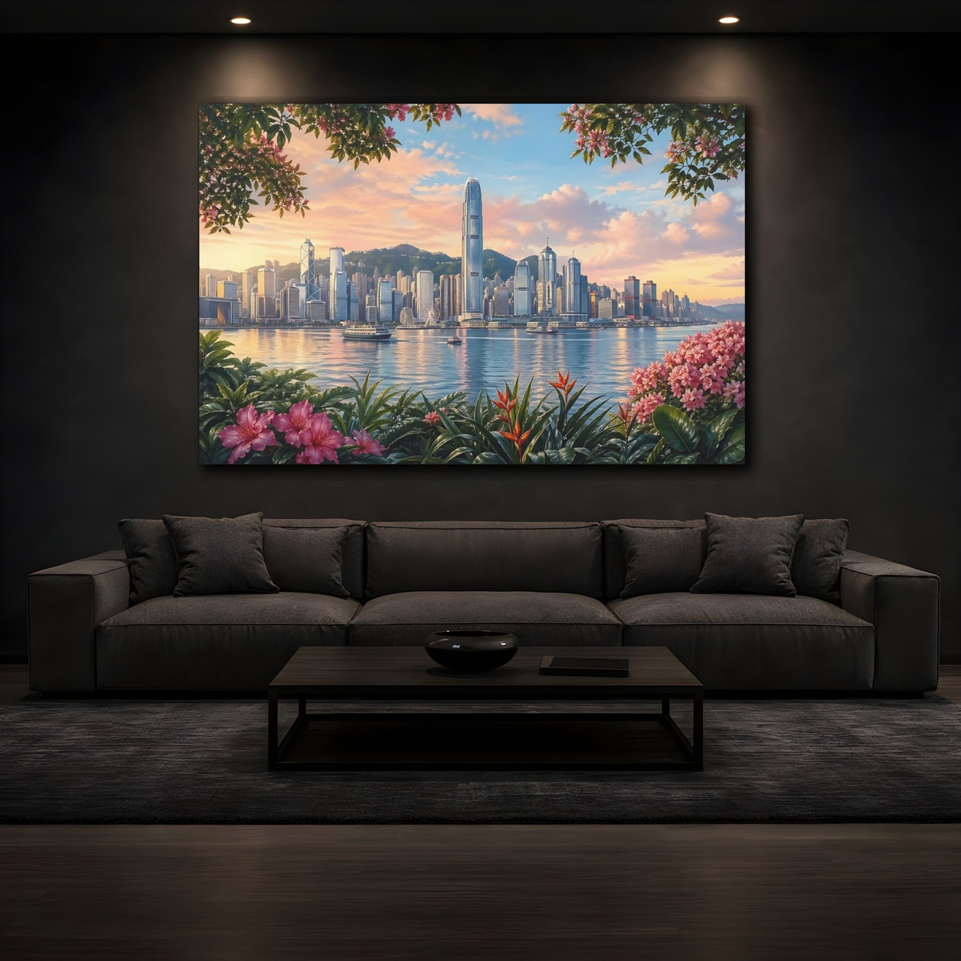 Mockup 3. Floral City Skyline Pink And Blue shown as stretched canvas wall art