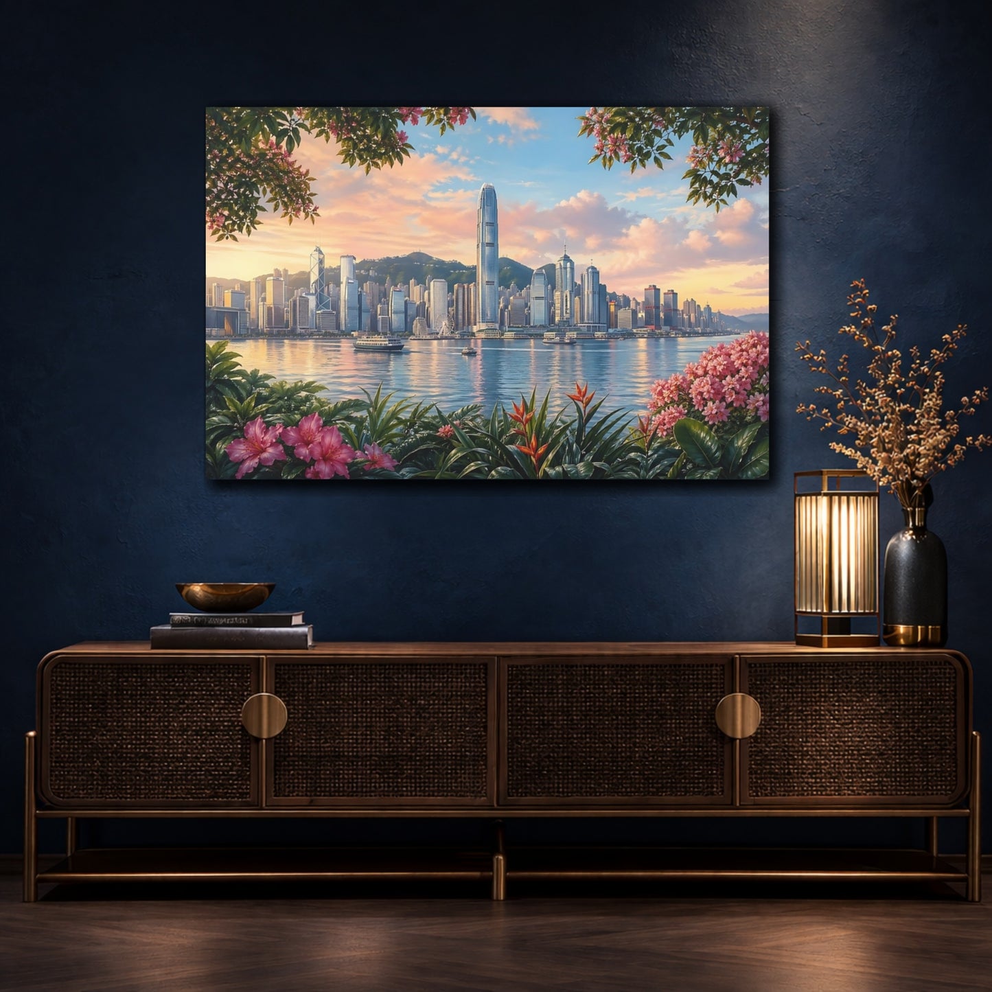 Mockup 4. Floral City Skyline Pink And Blue shown as stretched canvas wall art