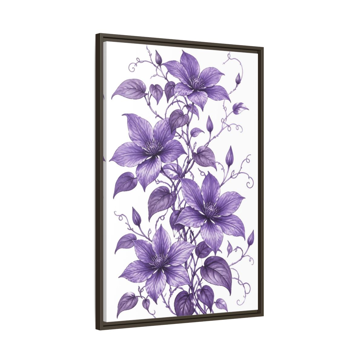 Main Mockup. Floral Clematis Flowers Purple Clematis shown as framed canvas print