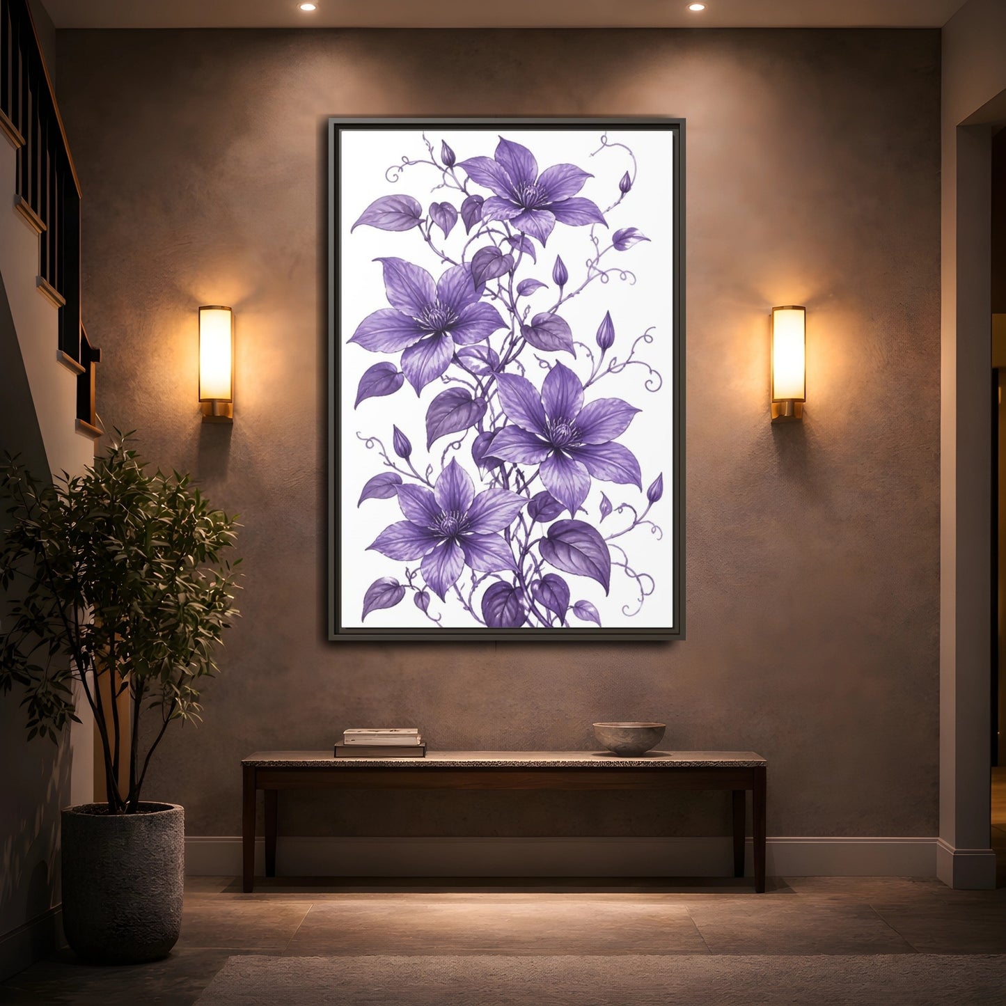 Mockup 2. Floral Clematis Flowers Purple Clematis shown as framed canvas print