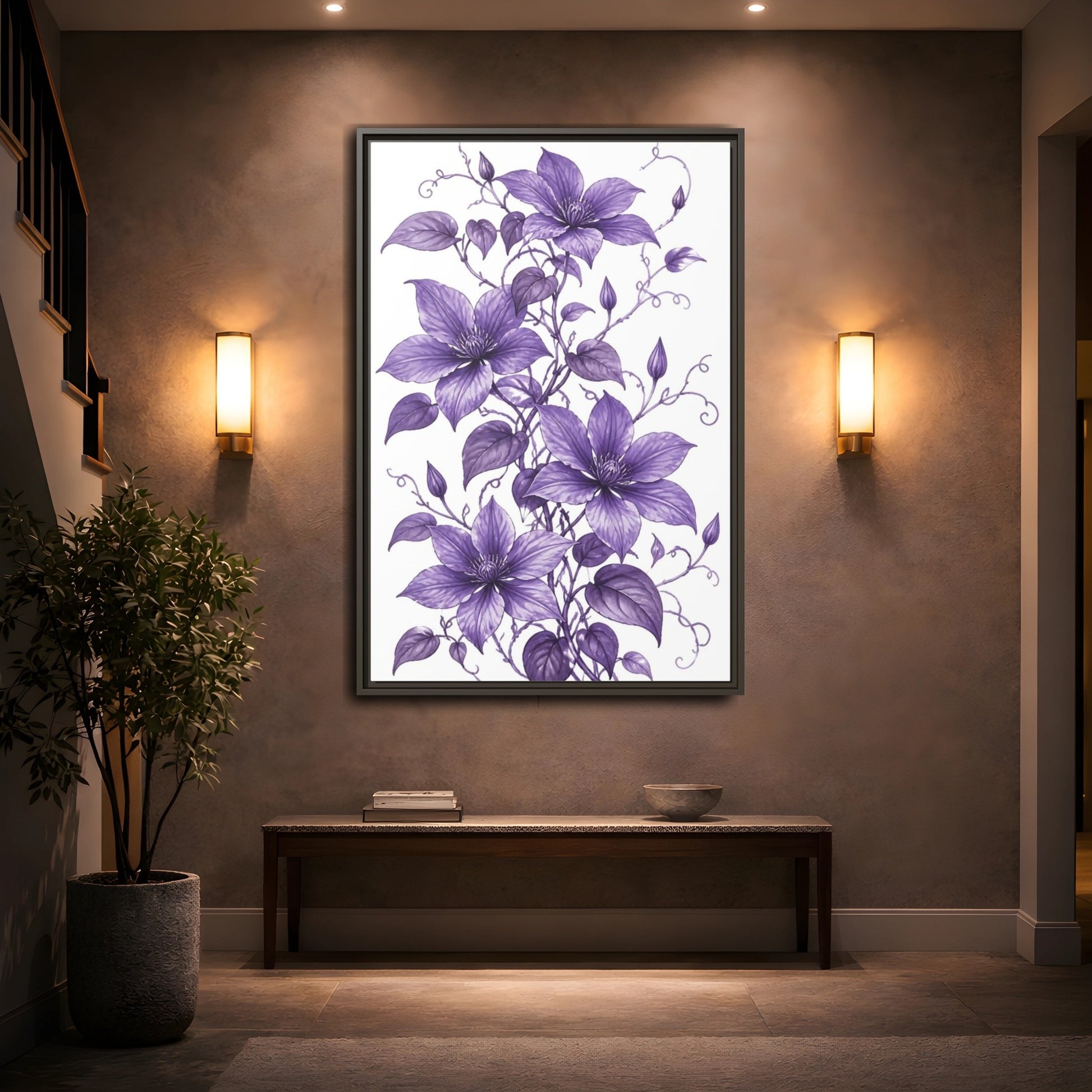 Mockup 2. Floral Clematis Flowers Purple Clematis shown as framed canvas print