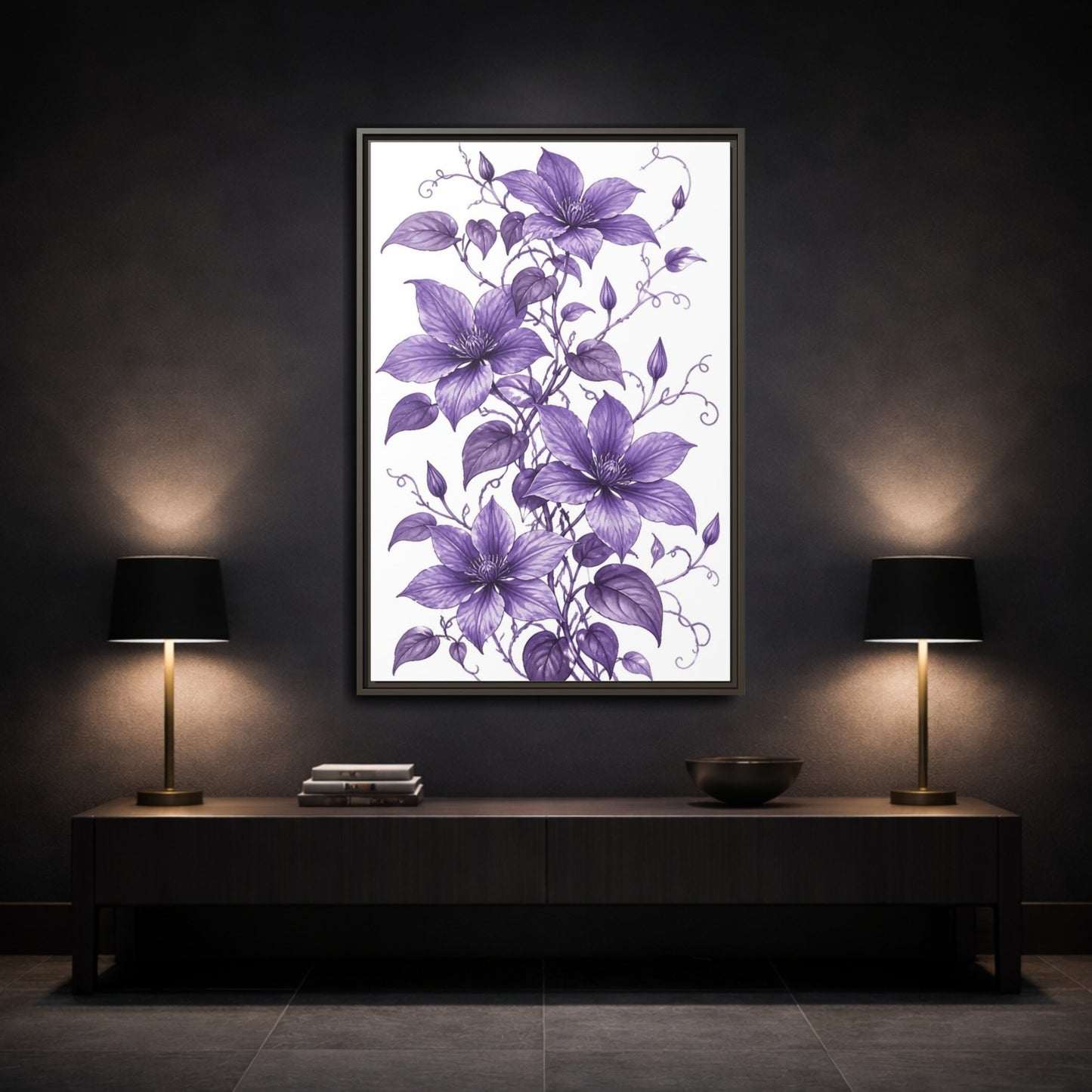 Mockup 3. Floral Clematis Flowers Purple Clematis shown as framed canvas print