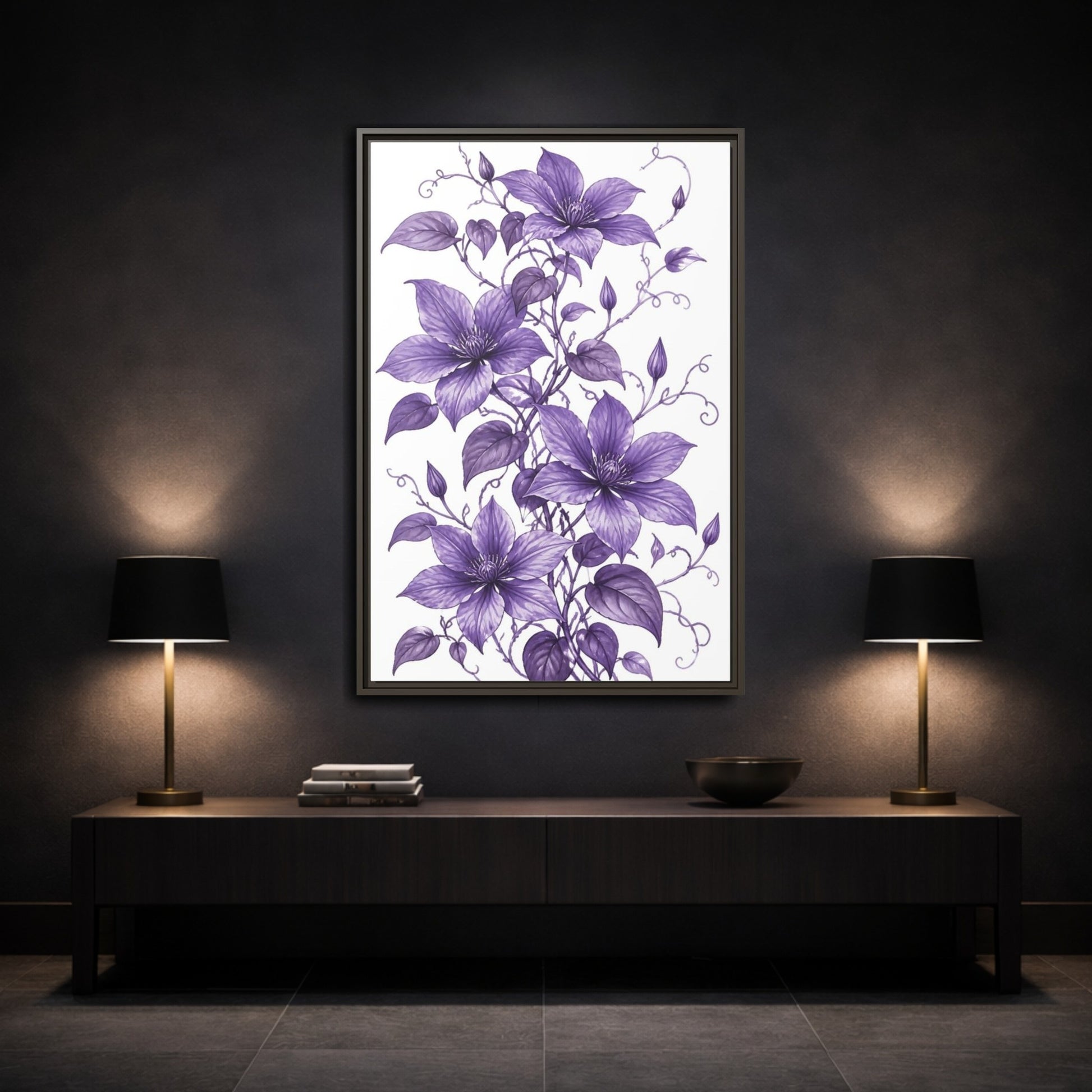 Mockup 3. Floral Clematis Flowers Purple Clematis shown as framed canvas print