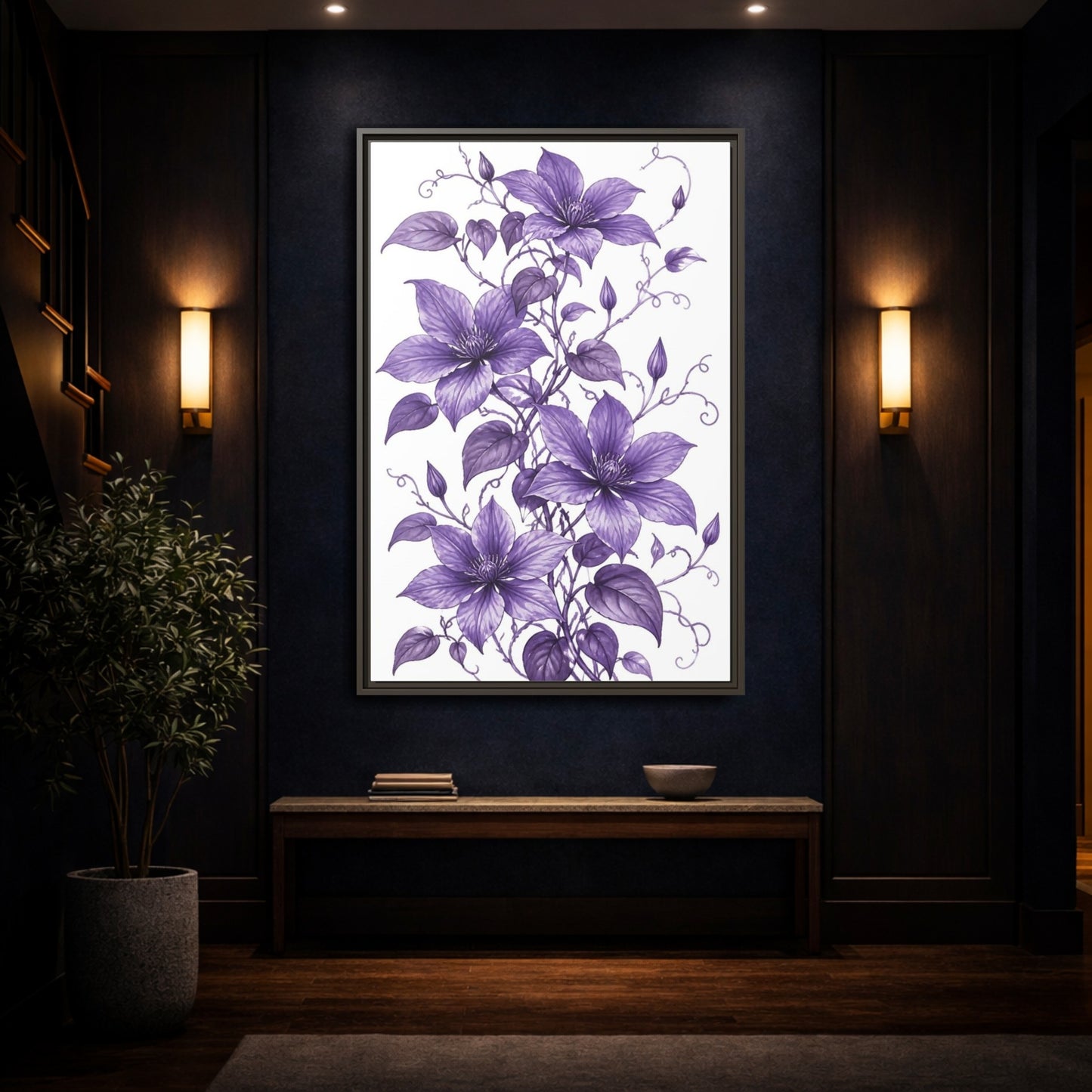 Mockup 4. Floral Clematis Flowers Purple Clematis shown as framed canvas print
