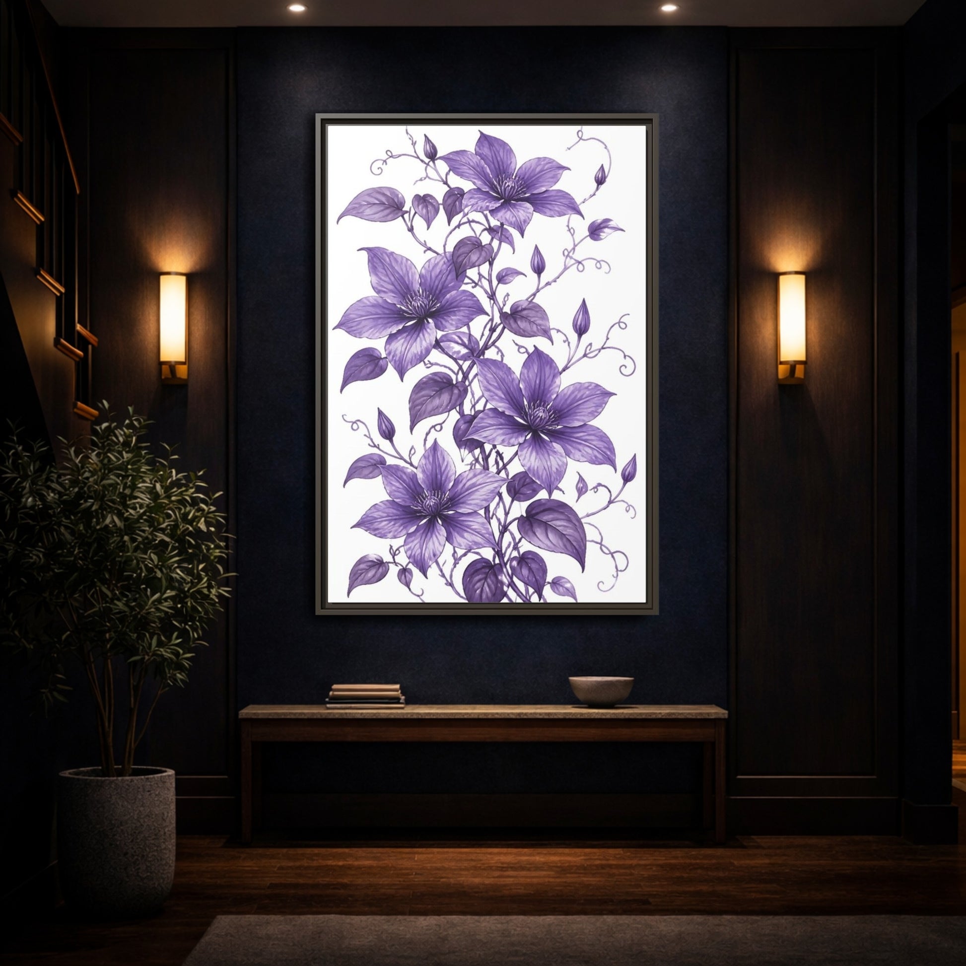 Mockup 4. Floral Clematis Flowers Purple Clematis shown as framed canvas print