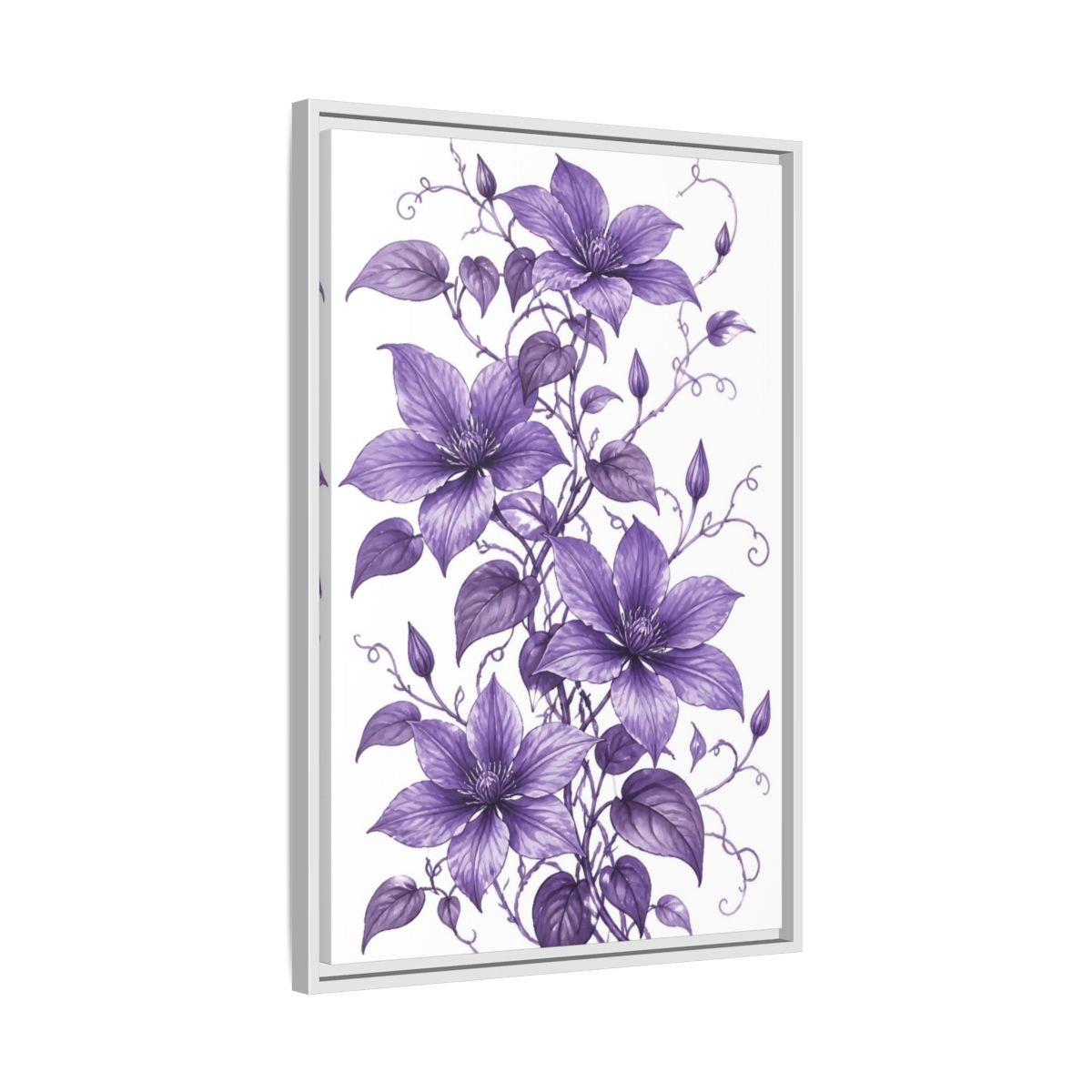 Floral Clematis Flowers Purple Framed Canvas Print – Living Room, Above Fireplace - YesArtYes