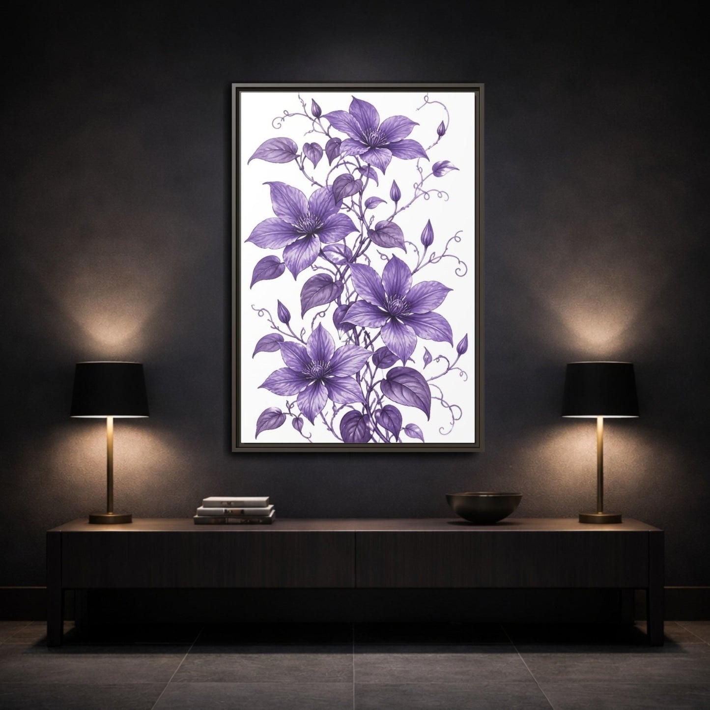 Floral Clematis Flowers Purple Framed Canvas Print – Living Room, Above Fireplace - YesArtYes