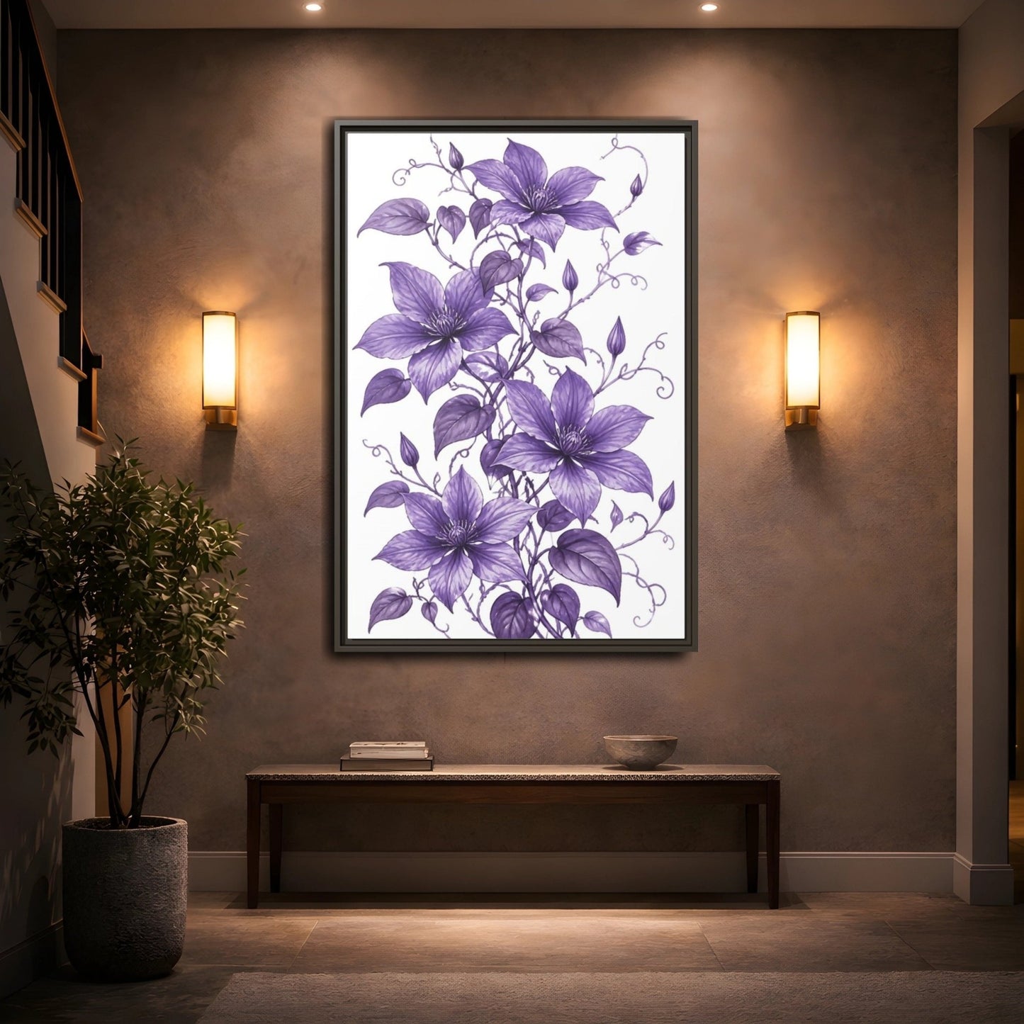 Floral Clematis Flowers Purple Framed Canvas Print – Living Room, Above Fireplace - YesArtYes
