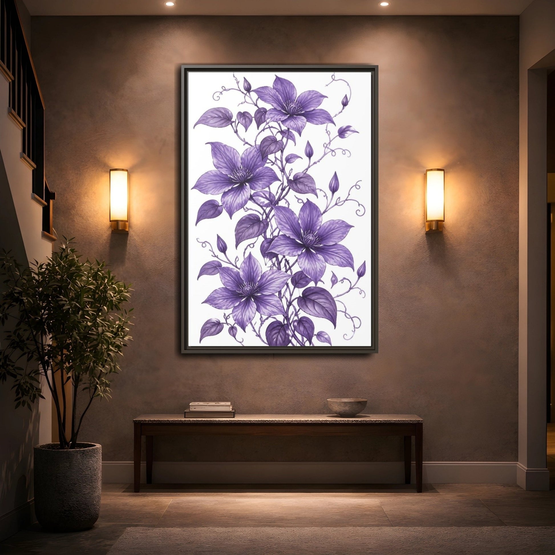 Floral Clematis Flowers Purple Framed Canvas Print – Living Room, Above Fireplace - YesArtYes