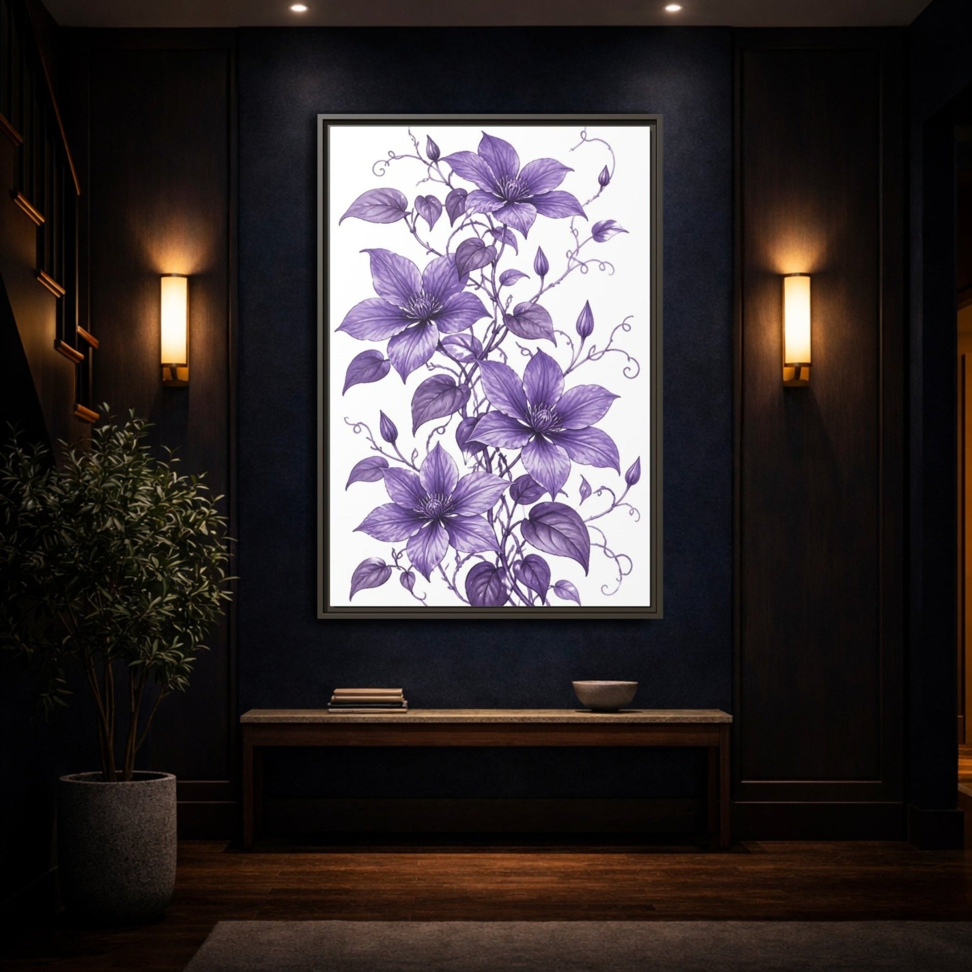 Floral Clematis Flowers Purple Framed Canvas Print – Living Room, Above Fireplace - YesArtYes