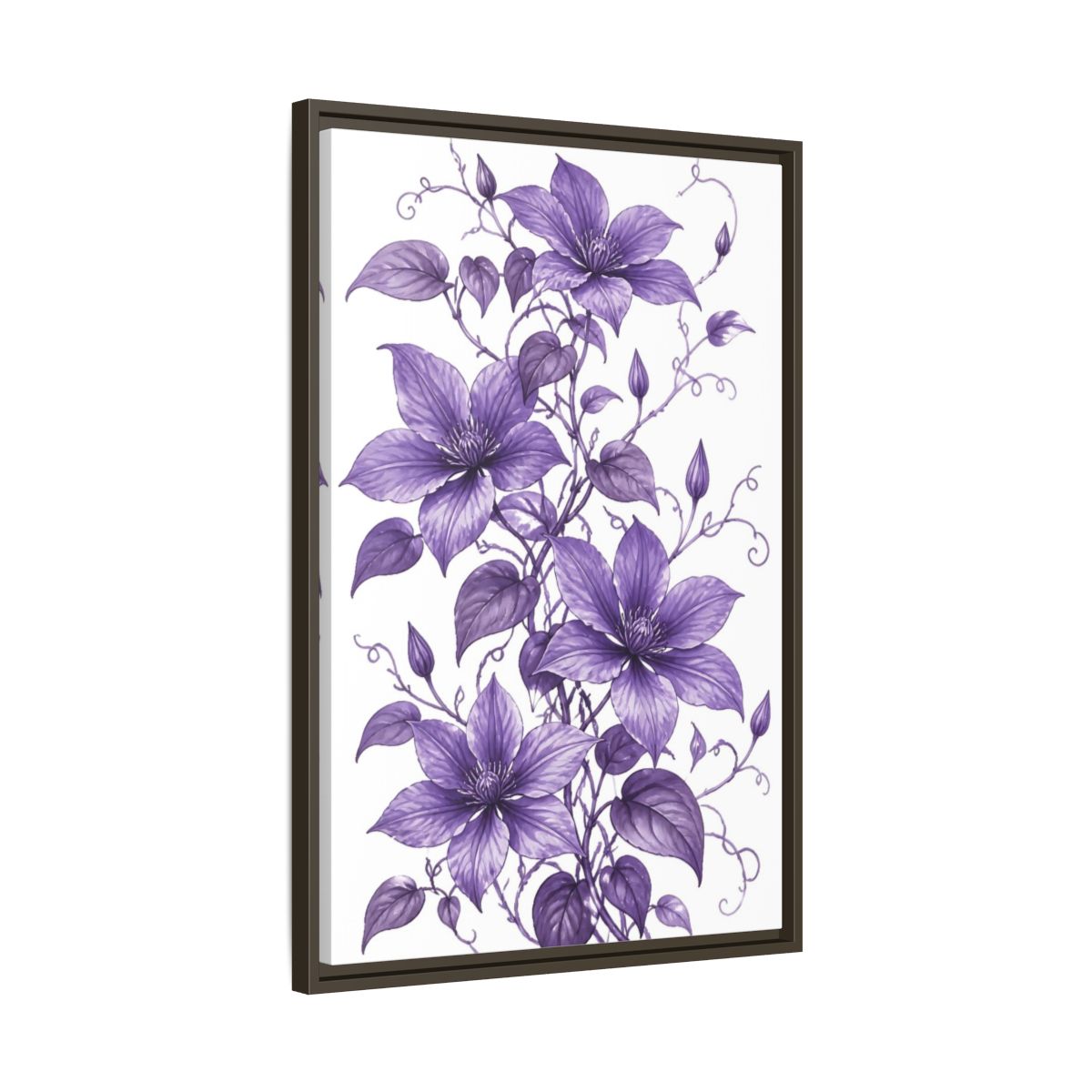 Side Mockup 11. Floral Clematis Flowers Purple Clematis shown as framed canvas print