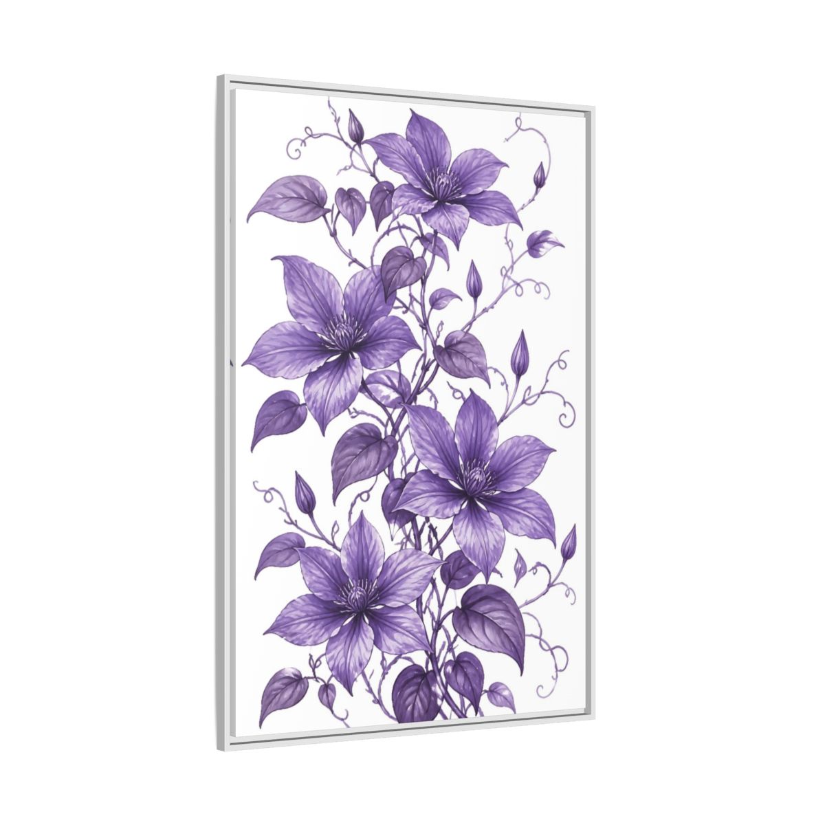 Side Mockup 7. Floral Clematis Flowers Purple Clematis shown as framed canvas print