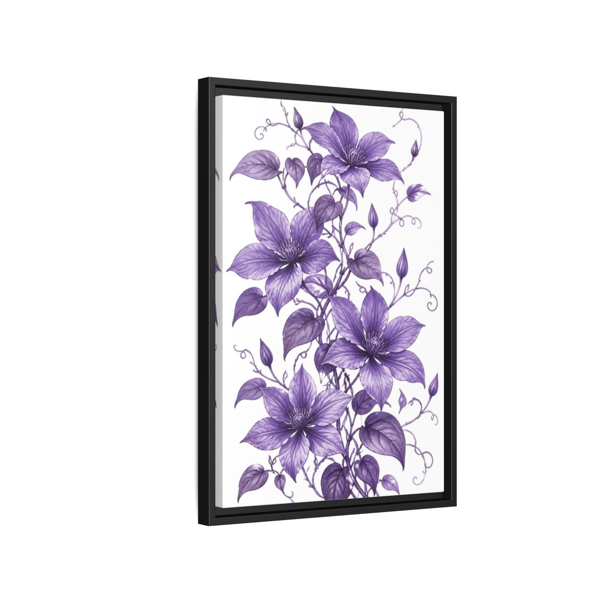 Side Mockup 3. Floral Clematis Flowers Purple Clematis shown as framed canvas print