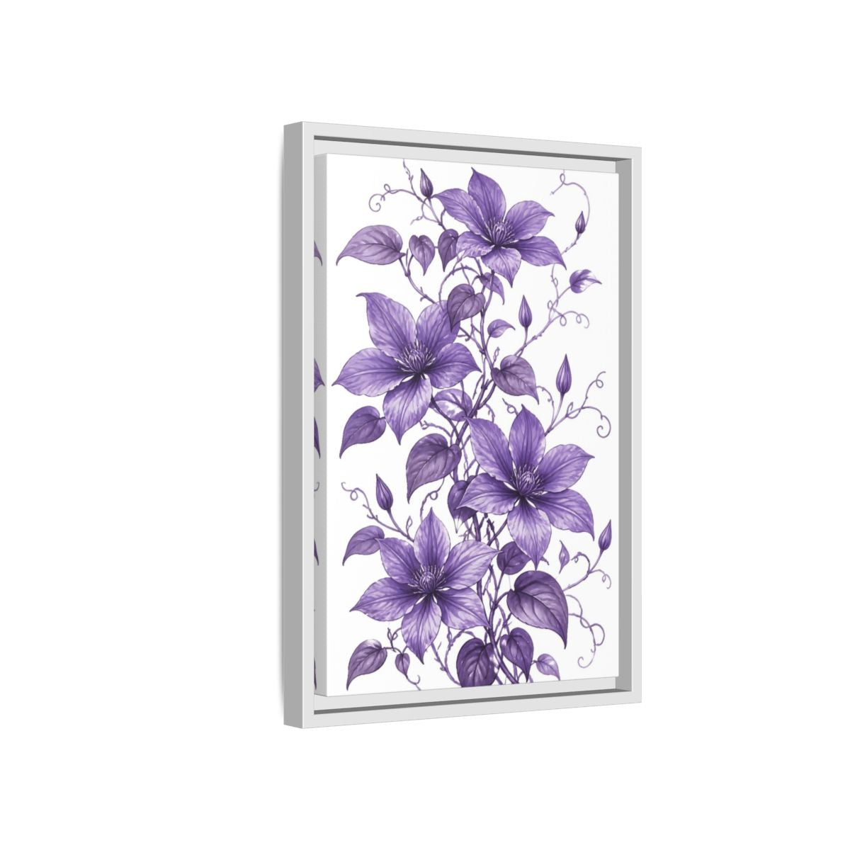 Side Mockup 4. Floral Clematis Flowers Purple Clematis shown as framed canvas print