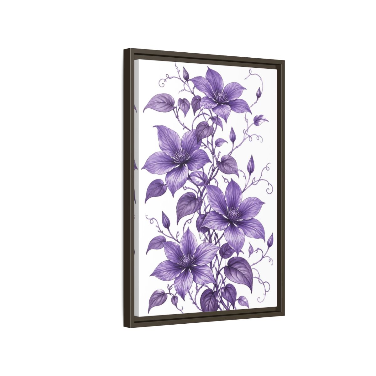 Side Mockup 2. Floral Clematis Flowers Purple Clematis shown as framed canvas print
