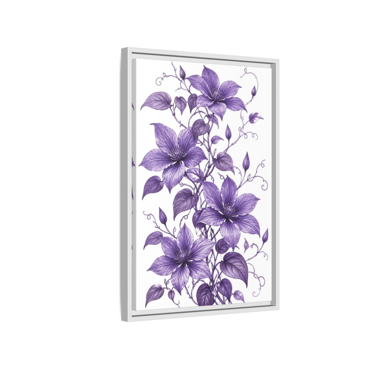 Side Mockup 1. Floral Clematis Flowers Purple Clematis shown as framed canvas print
