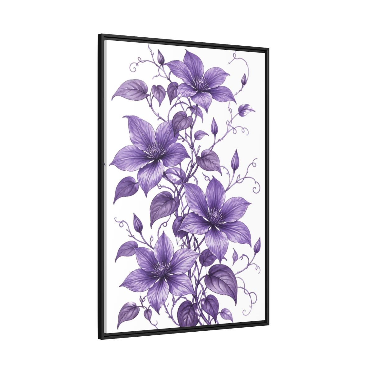 Side Mockup 12. Floral Clematis Flowers Purple Clematis shown as framed canvas print
