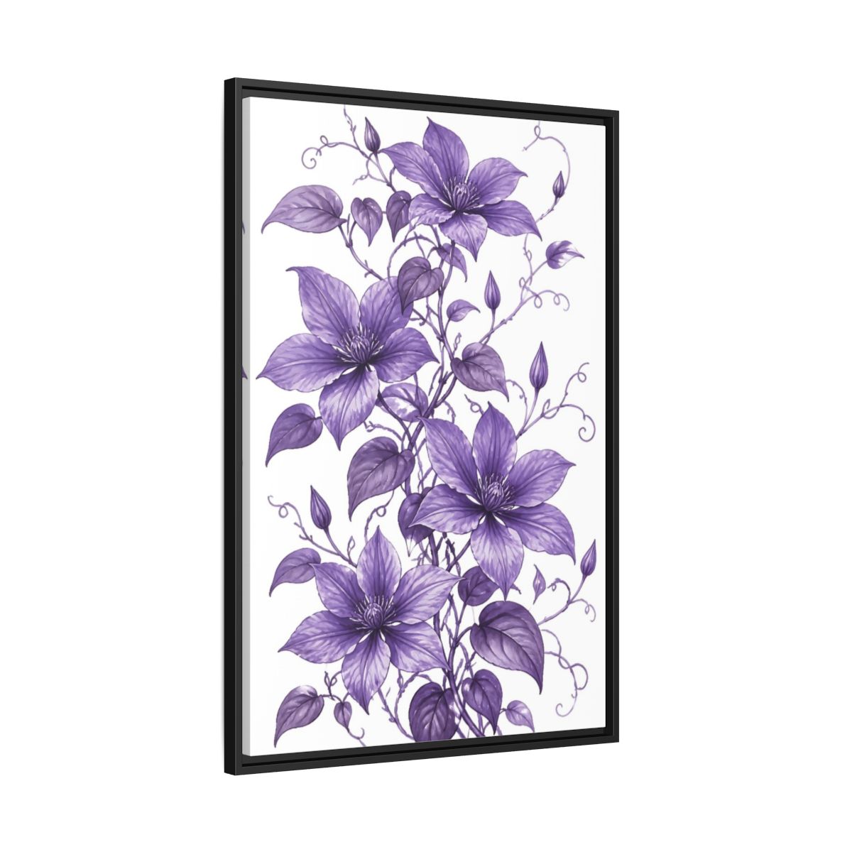 Side Mockup 13. Floral Clematis Flowers Purple Clematis shown as framed canvas print