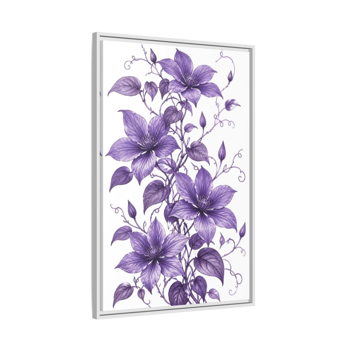 Side Mockup 9. Floral Clematis Flowers Purple Clematis shown as framed canvas print