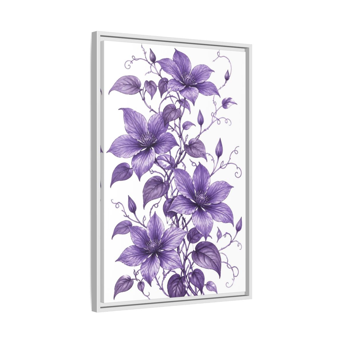 Side Mockup 10. Floral Clematis Flowers Purple Clematis shown as framed canvas print
