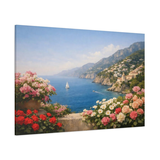 Floral Coastal Flowers Mediterranean View - Canvas Wall Art Print - YesArtYes
