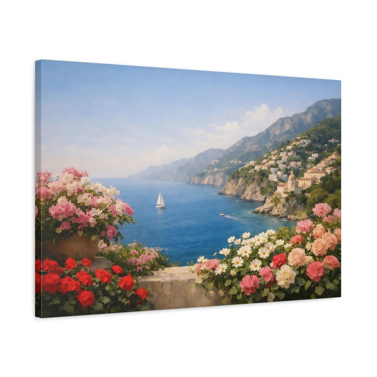 Floral Coastal Flowers Mediterranean View - Canvas Wall Art Print - YesArtYes