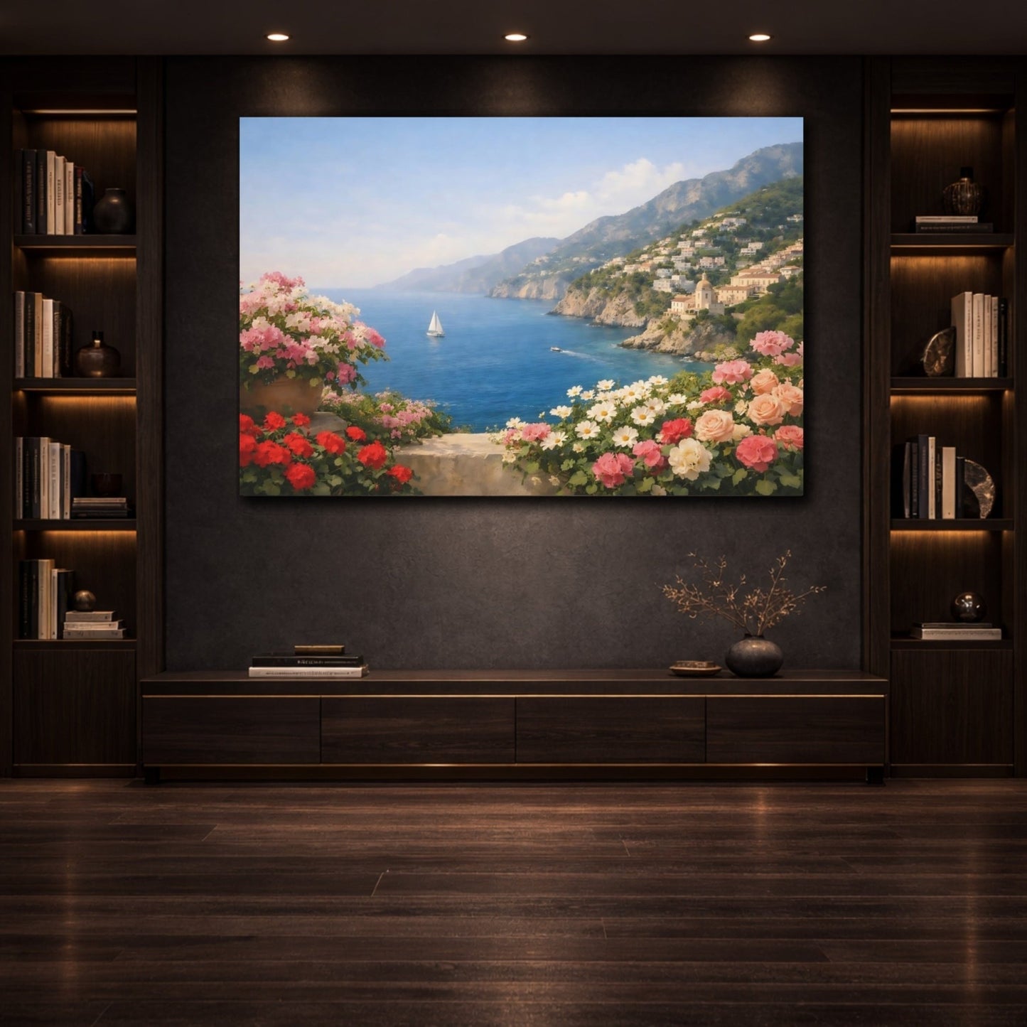 Floral Coastal Flowers Mediterranean View - Canvas Wall Art Print - YesArtYes