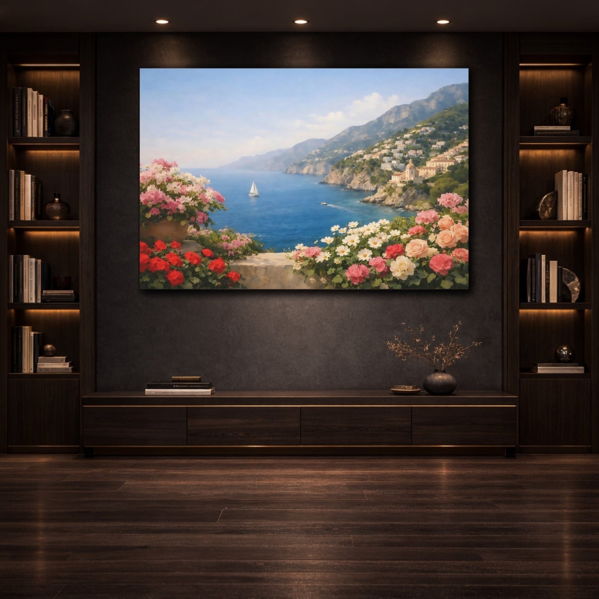 Floral Coastal Flowers Mediterranean View - Canvas Wall Art Print - YesArtYes