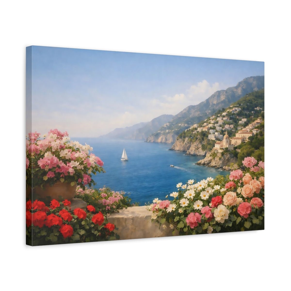 Floral Coastal Flowers Mediterranean View - Canvas Wall Art Print - YesArtYes