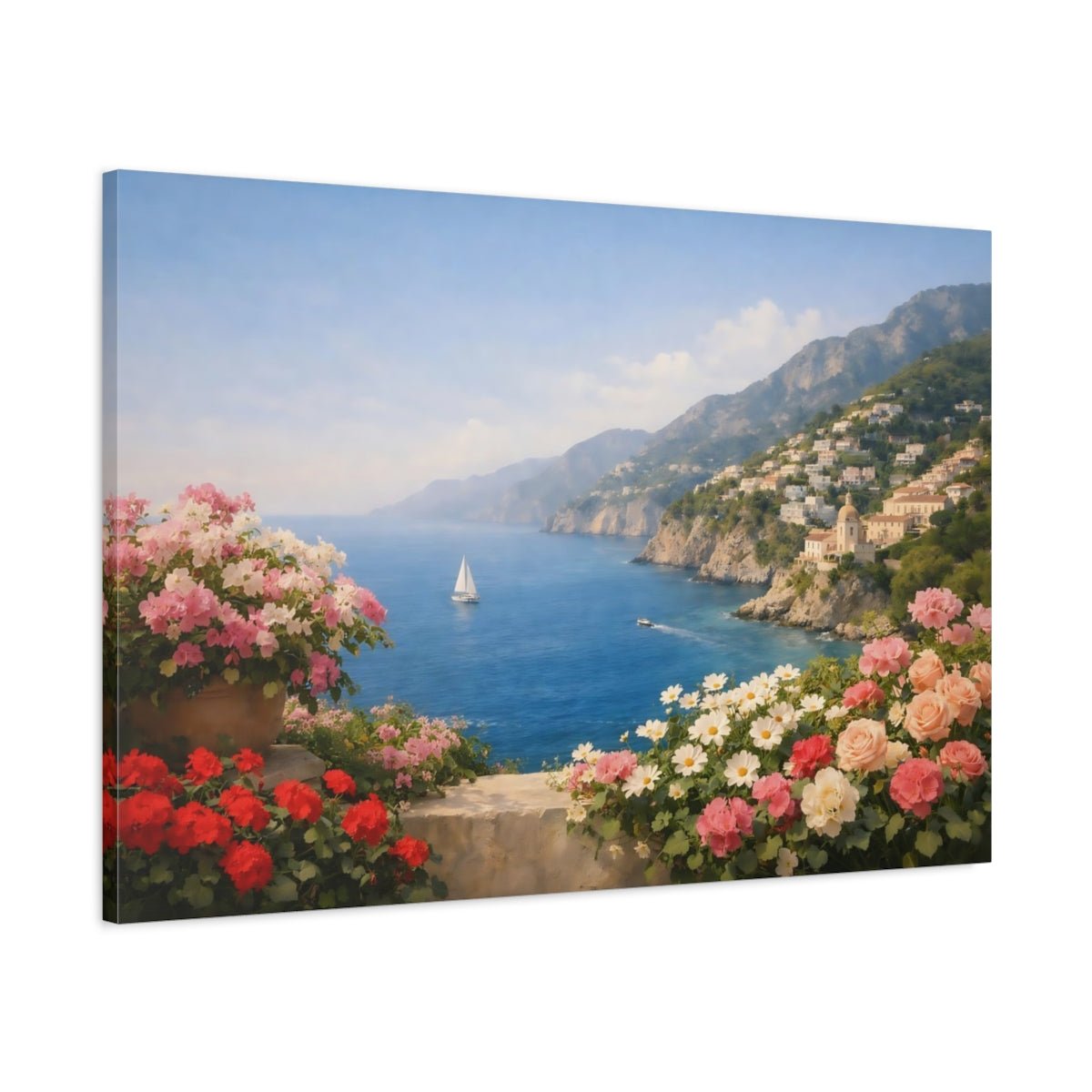 Floral Coastal Flowers Mediterranean View - Canvas Wall Art Print - YesArtYes