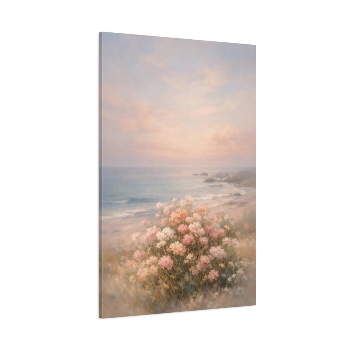 Main Mockup. Floral Coastal Flowers Pink Beach Flowers shown as stretched canvas wall art