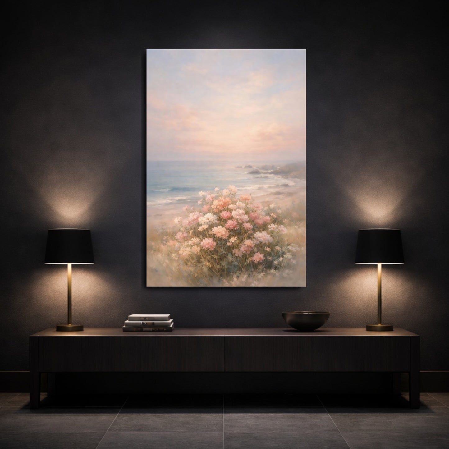 Mockup 2. Floral Coastal Flowers Pink Beach Flowers shown as stretched canvas wall art