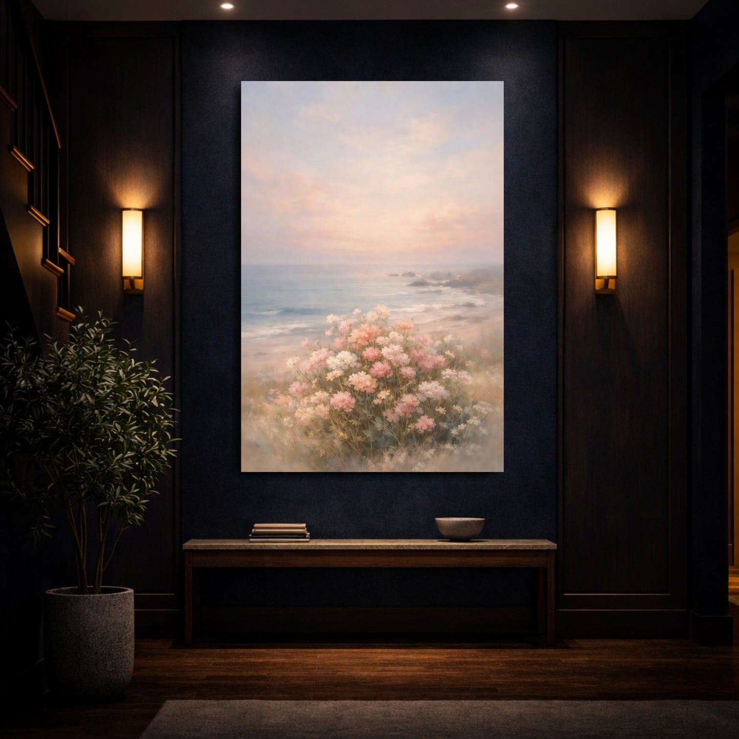 Mockup 3. Floral Coastal Flowers Pink Beach Flowers shown as stretched canvas wall art