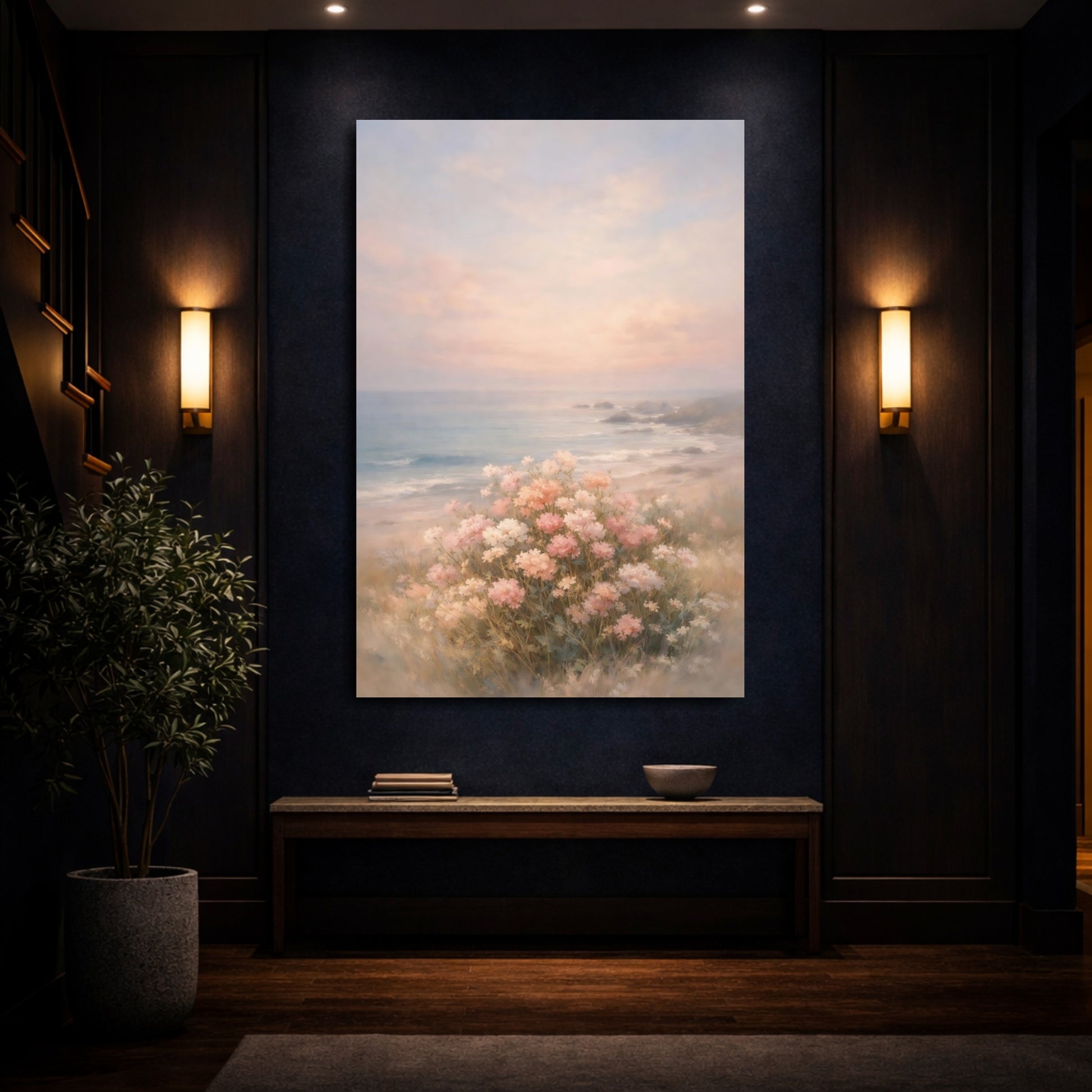 Mockup 3. Floral Coastal Flowers Pink Beach Flowers shown as stretched canvas wall art