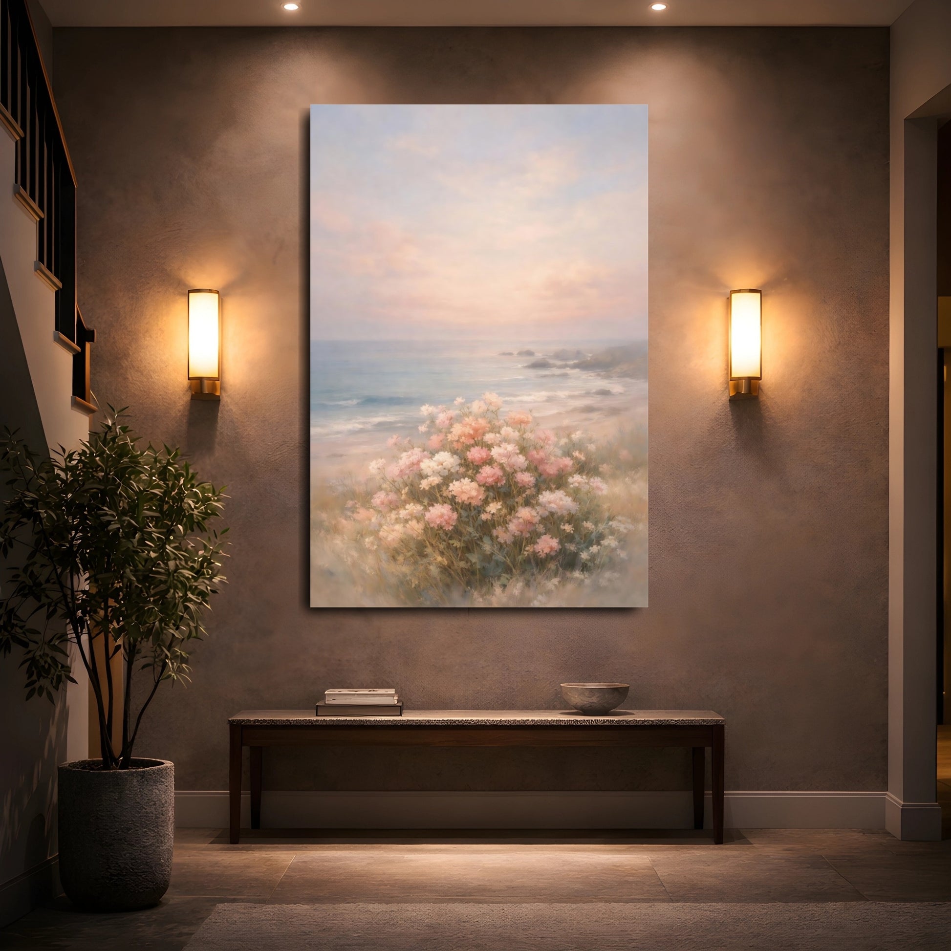 Mockup 4. Floral Coastal Flowers Pink Beach Flowers shown as stretched canvas wall art