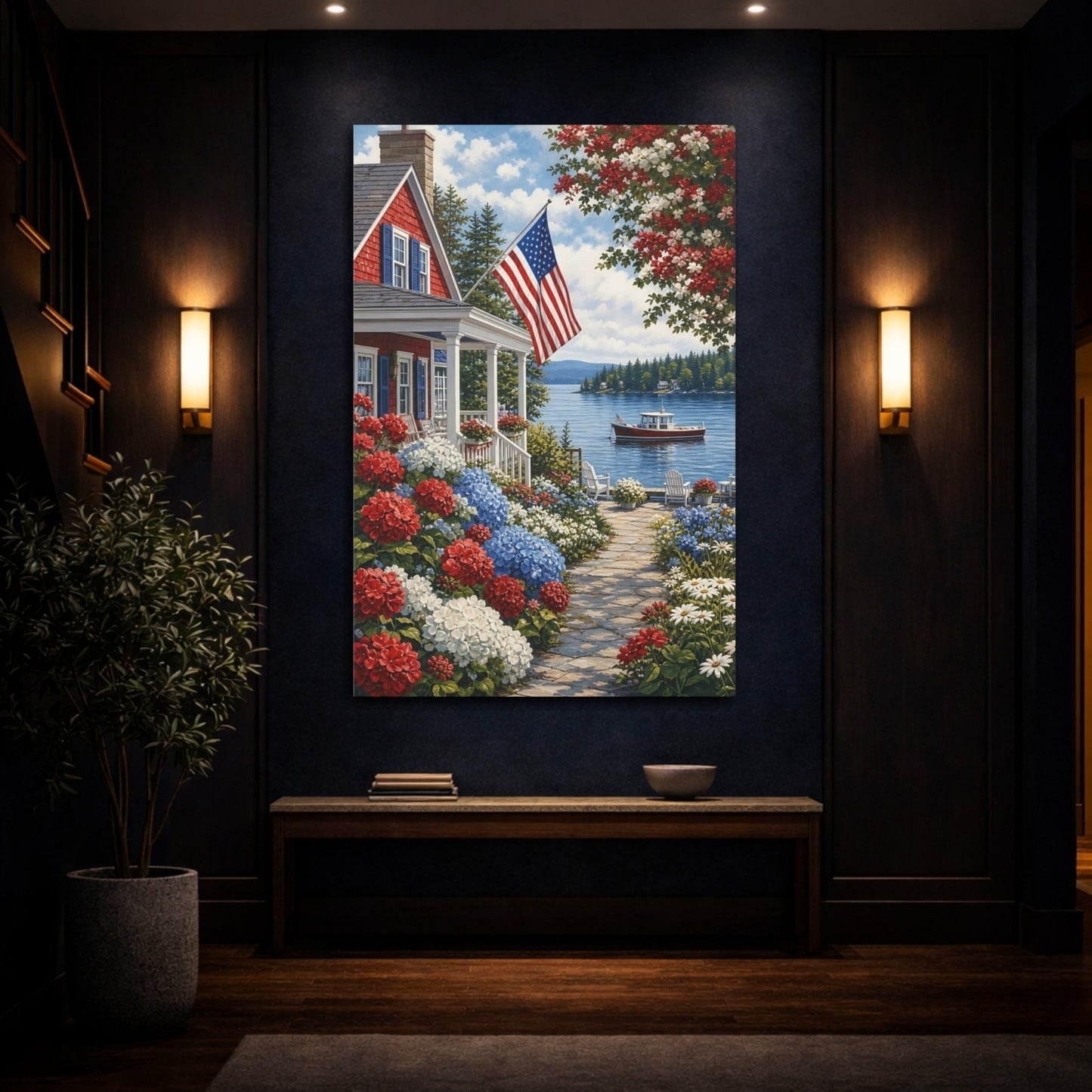 Floral Coastal Home Red White Blue Canvas Print – Living Room, Above Couch - YesArtYes